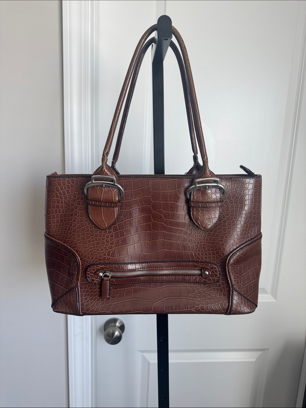 Croc-Embossed Brown Leather Tote Bag